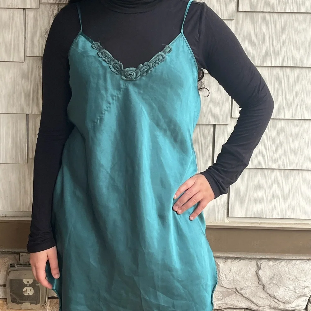 Silky Slip Mini Dress in Teal - Picture 2 of 5